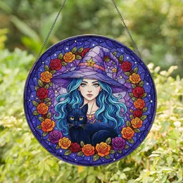 Fantasy Art Lovers' Tiffany Style Stained Glass Witch & Black Cat, Rose Wreath, Deep Blue Purple Orange Jewel Tones Stained Glass Suncatcher