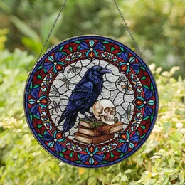 Dark Academia Enthusiasts Intricate Tiffany Stained Glass Raven, Skull, Books, Amber & Red Jewel Tones Mosaic Stained Glass Suncatcher