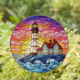 Coastal Lovers' Tiffany Style Stained Glass Lighthouse Sunset Ocean Mosaic Art Stained Glass Suncatcher