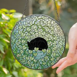 Cat Lovers' Tiffany Style Sleeping Black Cat, Lush Emerald Heart Leaves, Teal Planter & Sunlit Aqua Mosaic Stained Glass Suncatcher