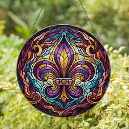 Art Lovers' High Contrast Stained Glass Fleur-de-lis, Rich Jewel Tone Purple Gold Teal Amber Mosaic Stained Glass Suncatcher