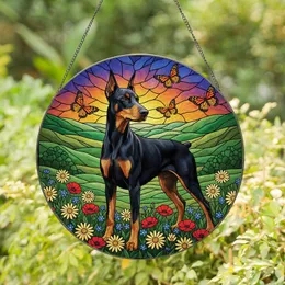 Doberman Owners' Majestic Black Tan Doberman Stained Glass Floral Landscape Art, Tiffany Style Jewel Tones Stained Glass Suncatcher