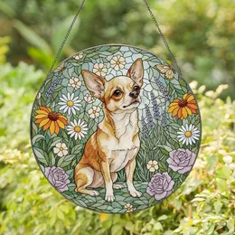 Dog Lovers' Tiffany Stained Glass Chihuahua Jewel Tone Floral Garden Mosaic Pattern Stained Glass Suncatcher