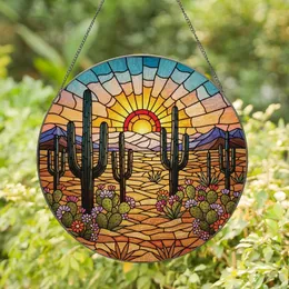 Nature Lovers' Intricate Stained Glass Desert Mosaic Art Saguaro Cactus Fiery Orange & Teal Jewel Tones Stained Glass Suncatcher