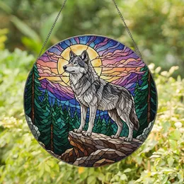Nature Enthusiasts' Detailed Stained Glass Grey Wolf Mystical Forest Teal Blue Amber Purple Stained Glass Suncatcher