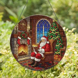 Christmas Lovers' Radiant Stained Glass Santa Reading Cozy Fireplace Tree Jewel Tones Stained Glass Suncatcher