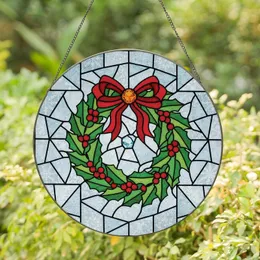 Christmas Enthusiasts' Tiffany Stained Glass Holly Wreath Red Green Snowflake Pattern Stained Glass Suncatcher