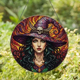 Fantasy Art Lovers' Edge-to-Edge Stained Glass Witch Emerald Green Purple Amber Ornate Skull Hat Design Stained Glass Suncatcher