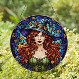 Fantasy Art Lovers' Edge-to-Edge Stained Glass Witch Auburn Hair Olive Corset Autumn Jewel Tone Mosaic Stained Glass Suncatcher