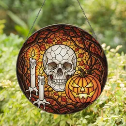 Gothic Art Enthusiasts' Tiffany Stained Glass Skull, Lit Candles, Jack-o'-lantern, Autumn Vines & Jewel Tones Stained Glass Suncatcher