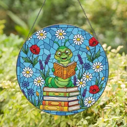 Book Lovers' Intricate Jewel Tone Stained Glass Reading Caterpillar Floral Garden Mosaic Stained Glass Suncatcher