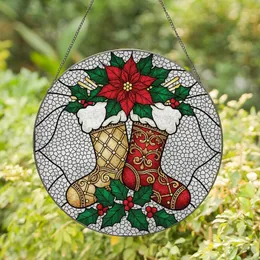 Holiday Enthusiasts' Intricate Tiffany Stained Glass Christmas Stockings Poinsettia Holly Jewel Tone Mosaic Edge-to-Edge Pattern Stained Glass Suncatcher