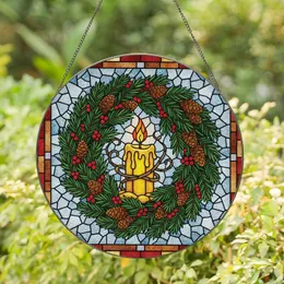 Winter Holiday Lovers' Golden Candle Tiffany Stained Glass Pinecone Berry Icy Mosaic Stained Glass Suncatcher