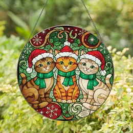 Cat Lovers' Glowing Stained Glass Tabby Cats Santa Hats Emerald Red Winter Mosaic Stained Glass Suncatcher
