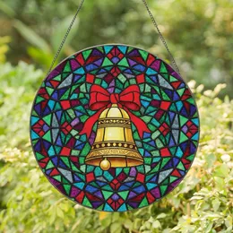 Christmas Enthusiasts' Intricate Stained Glass Golden Bell Red Bow Jewel Tone Mosaic Pattern Stained Glass Suncatcher