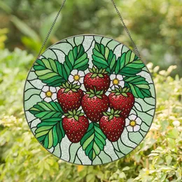 Art Lovers' Intricate Tiffany Stained Glass Strawberry, Leaf, Blossom Mosaic in Crimson, Emerald Green Stained Glass Suncatcher