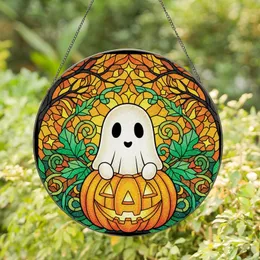 Halloween Enthusiasts' Tiffany Style Stained Glass Iridescent Ghost Jack-o'-Lantern Autumn Leaves Mosaic Stained Glass Suncatcher