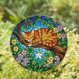 Cat Lovers' Vibrant Stained Glass Sleeping Tabby Cat Jewel Tones Tiffany Style Mosaic Stained Glass Suncatcher