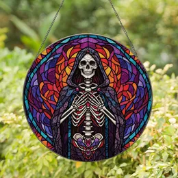 Dark Fantasy Art Lovers' Ornate Stained Glass Skeleton Cloaked Jewel Tone Mosaic Stained Glass Suncatcher
