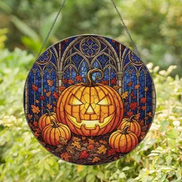 Halloween & Autumn Enthusiasts Menacing Jack-o'-Lantern Tiffany Stained Glass Gothic Cathedral Blue Orange Jewel Tones Stained Glass Suncatcher