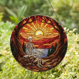 Art Lovers' Tiffany Stained Glass Skeleton Forest Mountain Autumn Sunset Art Stained Glass Suncatcher