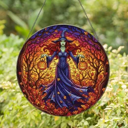 Fantasy Art Lovers' Vibrant Jewel-Toned Intricate Stained Glass Witch Pumpkin Forest Stained Glass Suncatcher