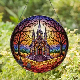 Gothic Art Lovers' Ornate Stained Glass Chapel, Radiant Moonlit Twilight, Autumn Foliage & Jewel Tone Pattern Stained Glass Suncatcher