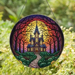 Gothic Art Enthusiasts' Tiffany Style Stained Glass Mansion Purple Orange Moon Forest Design Stained Glass Suncatcher