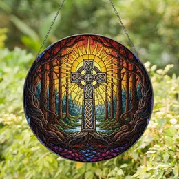 Art Enthusiasts' Jewel-Toned Stained Glass Celtic Cross Mystical Forest Sunset Mosaic Stained Glass Suncatcher