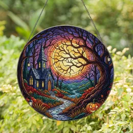 Gothic Art Enthusiasts' Intricate Stained Glass Moonlight Forest, Church & Jack-o'-Lantern Stained Glass Suncatcher