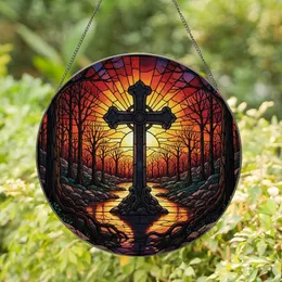 Devotional Art Patrons' Glowing Jewel Tone Stained Glass Christian Cross Sunset Forest Mosaic Stained Glass Suncatcher