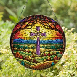 Art Lovers' Intricate Tiffany Stained Glass Cross Landscape: Deep Violet, Sunrise Hues Stained Glass Suncatcher