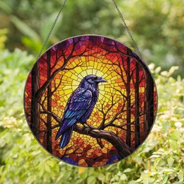 Art Lovers' Intricate Tiffany Stained Glass Raven Purple Blue Orange Red Autumn Forest Sunset Stained Glass Suncatcher