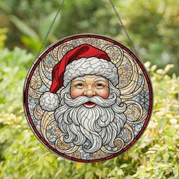 Holiday Enthusiasts' Stained Glass Crimson Red Santa Head, Tiffany Style Winter Frost Mosaic Stained Glass Suncatcher