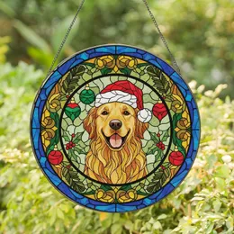 Golden Retriever Lovers' Cheerful Golden Retriever Tiffany Stained Glass Christmas Mosaic Red Green Blue Gold Stained Glass Suncatcher
