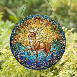 Holiday Art Lovers' Intricate Stained Glass Reindeer Mosaic: Deep Blue Golden Yellow Ruby Red Jewel Tones Stained Glass Suncatcher