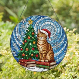Holiday Cat Lovers' Glowing Stained Glass Tabby Cat Christmas Tree with Santa Hat & Intricate Snowflakes Stained Glass Suncatcher