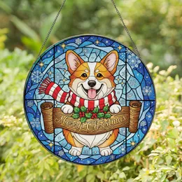 Corgi Lovers' Christmas Glowing Stained Glass Tiffany Art Corgi Holly Berries Snowflakes Stained Glass Suncatcher