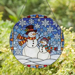 Winter Lovers' Tiffany Style Stained Glass Snowmen Jewel Tone Mosaic Winter Scene Stained Glass Suncatcher
