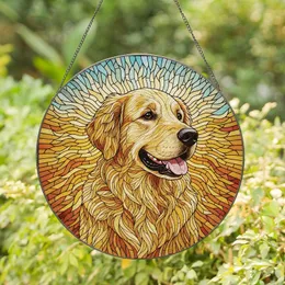 Golden Retriever Lovers' Tiffany Stained Glass Amber Gold Blue Sunburst Dog Portrait Art Stained Glass Suncatcher