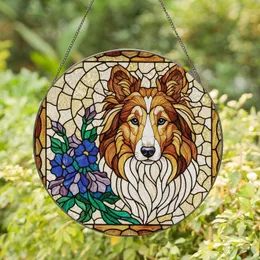Dog Lovers' Tiffany Stained Glass Collie Dog Head Floral Mosaic Amber Blue Purple Stained Glass Suncatcher