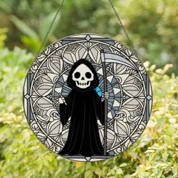 Art Enthusiasts' Whimsical Grim Reaper Tiffany Style Stained Glass Mosaic Blue Black White Stained Glass Suncatcher