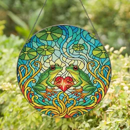 Nature Lovers' Vibrant Tiffany Stained Glass Green Yellow Tree Frogs, Red Heart, Intricate Pond Mosaic Stained Glass Suncatcher