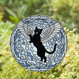 Fantasy Art Lovers' High Contrast Tiffany Style Stained Glass Winged Black Cat Ethereal Cloud Mosaic Stained Glass Suncatcher