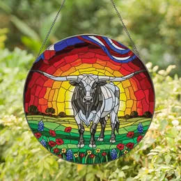 Texas Art Lovers' Detailed Tiffany Style Stained Glass Longhorn Sunset Mosaic Pattern Stained Glass Suncatcher