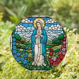 Timeless Art Enthusiasts' Tiffany Stained Glass Praying Maiden, Gold Halo, Vibrant Floral Landscape Mosaic, Jewel Tones Blue Gold Green Red Stained Glass Suncatcher
