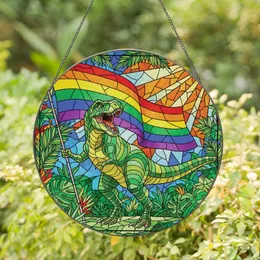 Vibrant Art Enthusiasts' Roaring T-Rex Rainbow Flag Stained Glass Mosaic Jewel Tones Stained Glass Suncatcher