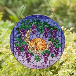 Cat Lovers' Tiffany Stained Glass Orange Tabby Cat Wisteria Twilight Mosaic Jewel Tones Stained Glass Suncatcher