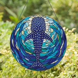 Ocean Enthusiasts' Stained Glass Whale Shark Tiffany Style Deep Blue Teal Emerald Geometric Ocean Mosaic Stained Glass Suncatcher