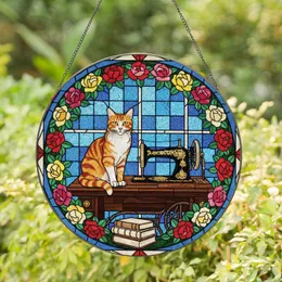 Cat & Craft Lovers' Tiffany Stained Glass Tabby Cat, Sewing Machine, Roses, Blue Sky Jewel Tone Mosaic Stained Glass Suncatcher
